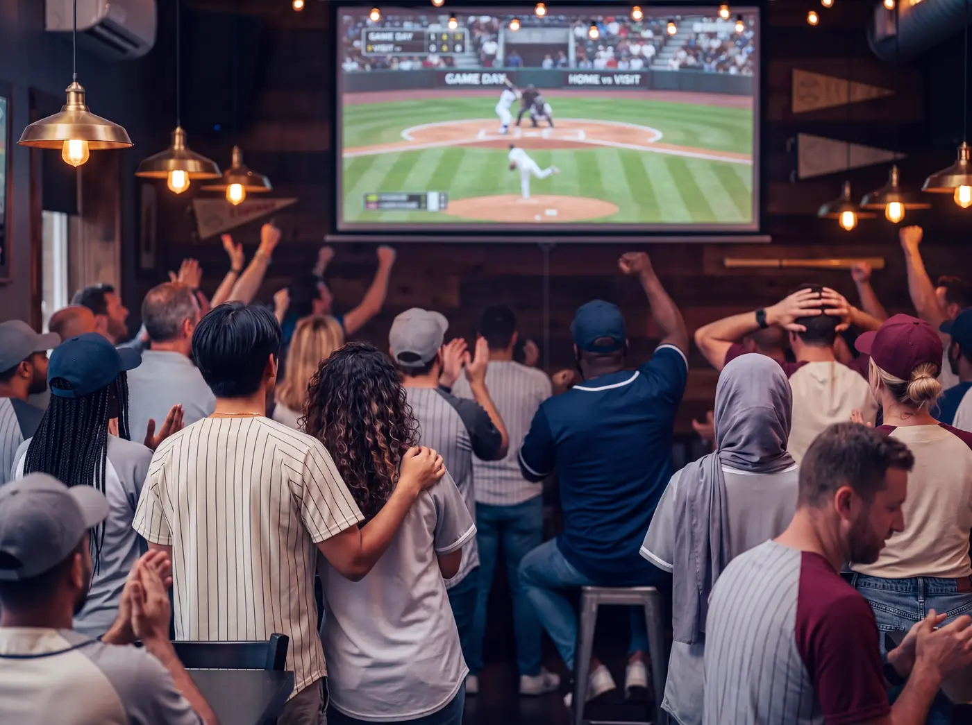 A packed sports bar on its feet as a pitch is thrown on the big screen