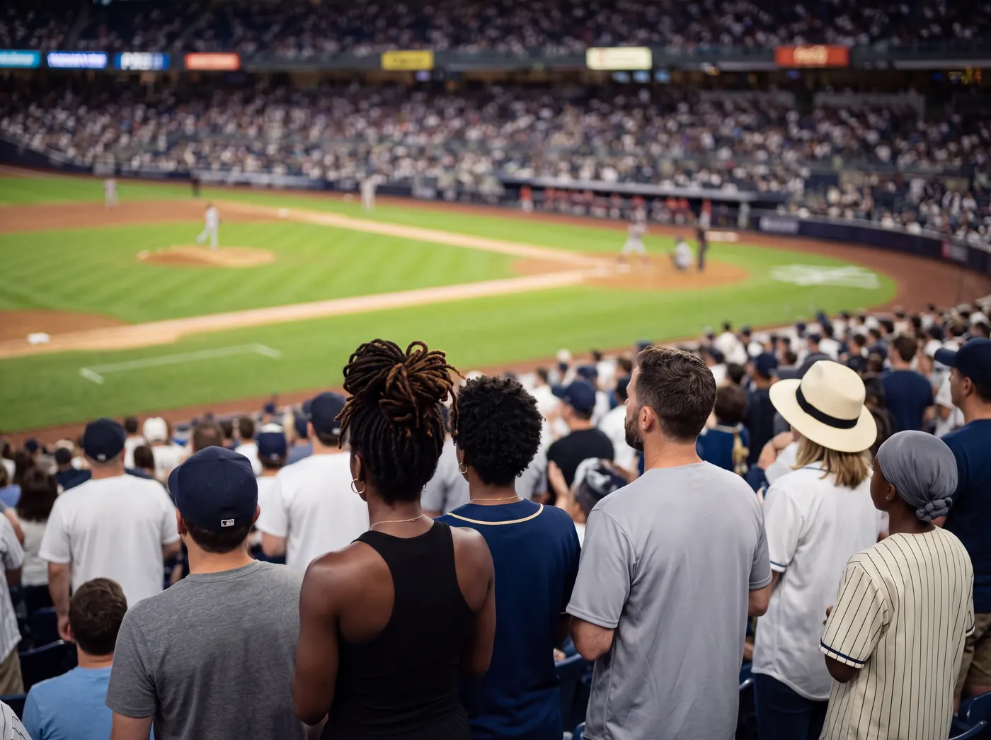Fans standing in the lower deck of a full ballpark during a game