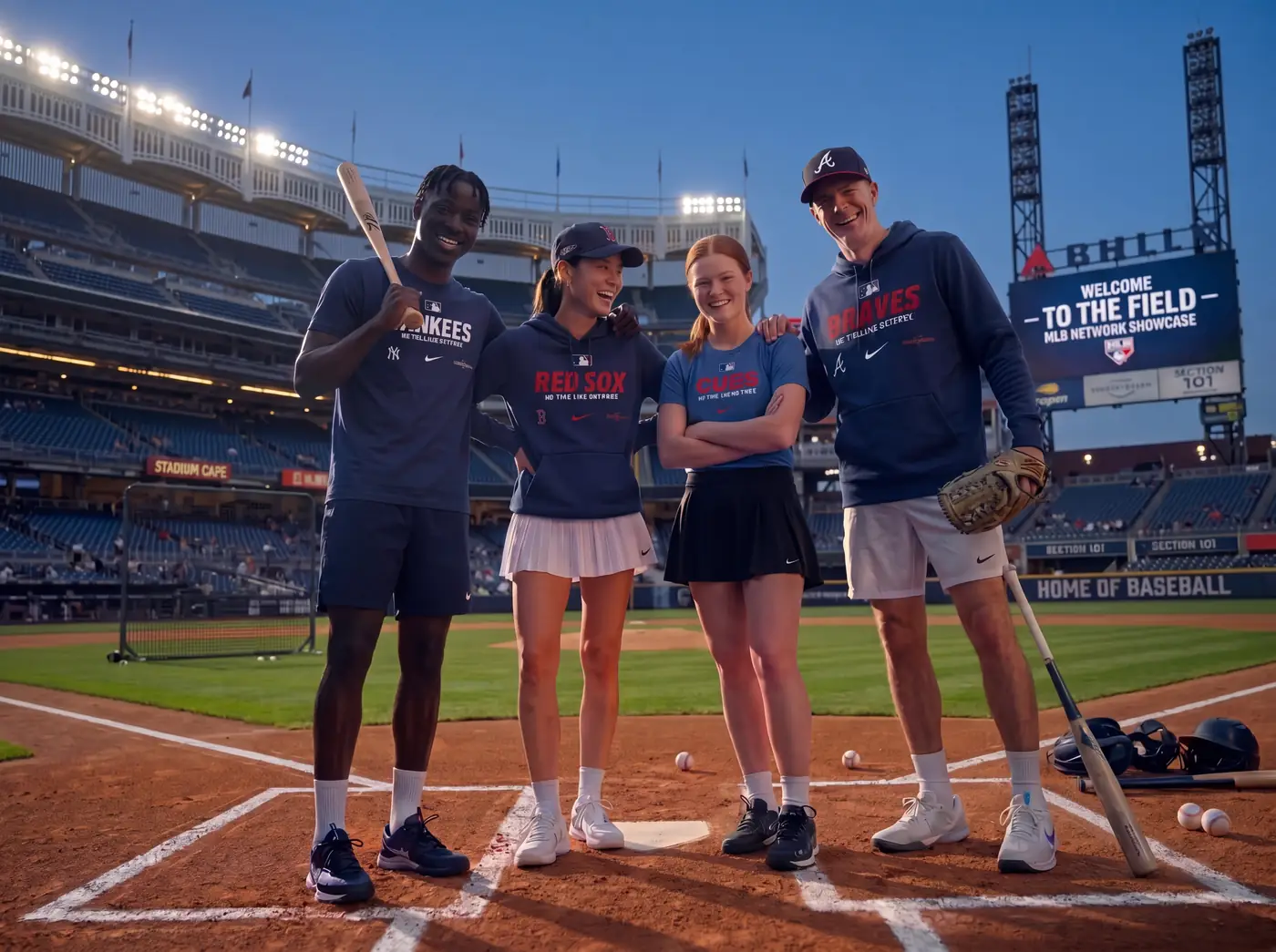 Four friends in team shirts and hoodies laughing at home plate in an empty ballpark