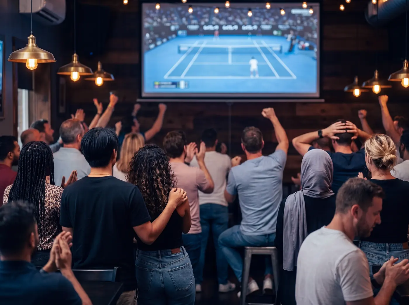 A packed bar erupting as a point lands on the big screen