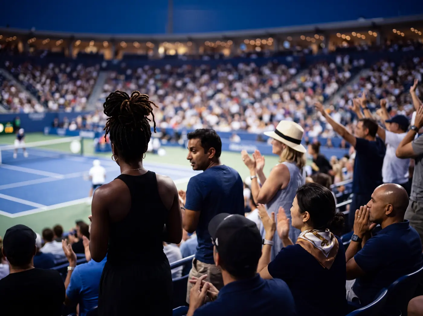 Spectators applauding from the stands during an evening session