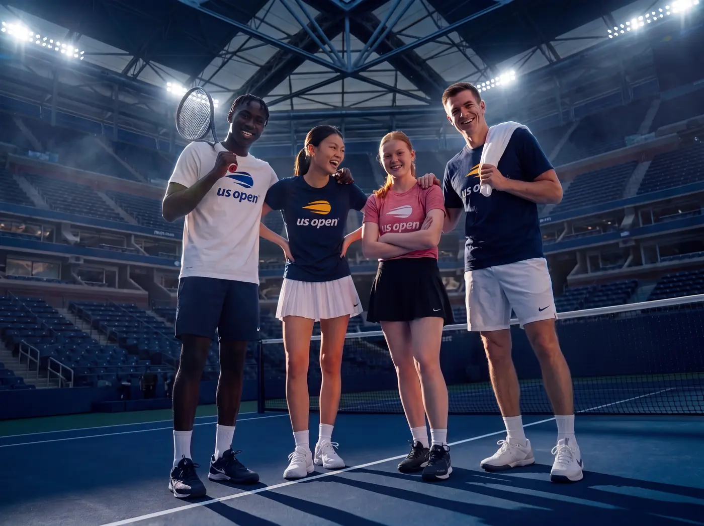 Four friends in US Open shirts on court at Flushing Meadows