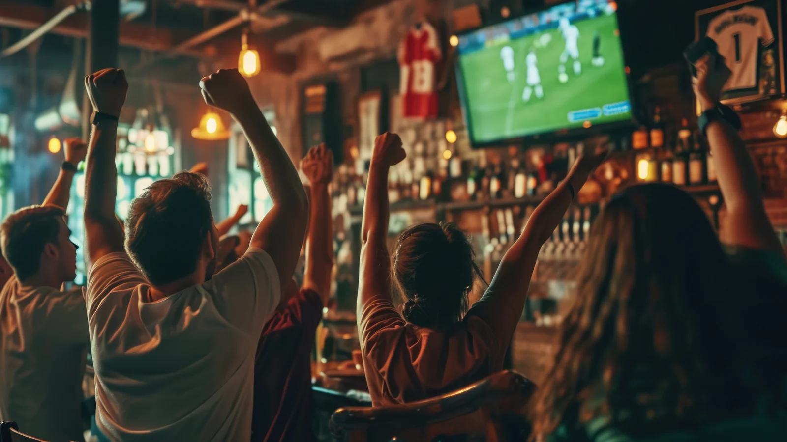 Football fans watching a match together at a sports bar