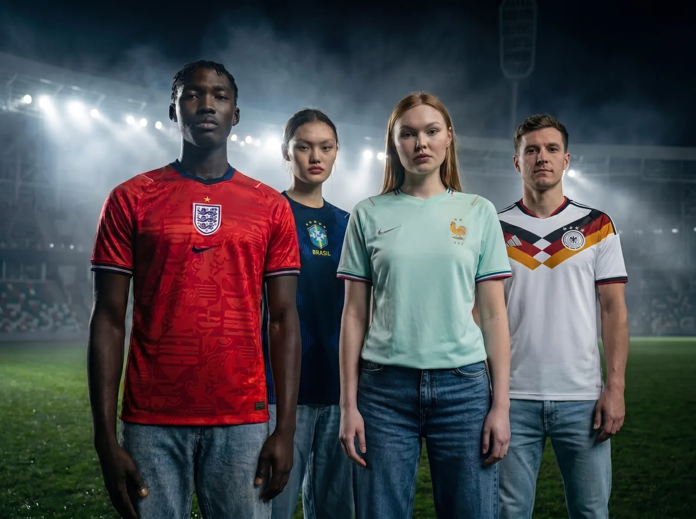 Fans wearing England, Brazil and France national team kits